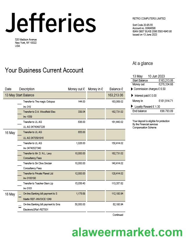 Jefferies Bank company checking account statement Word and PDF template